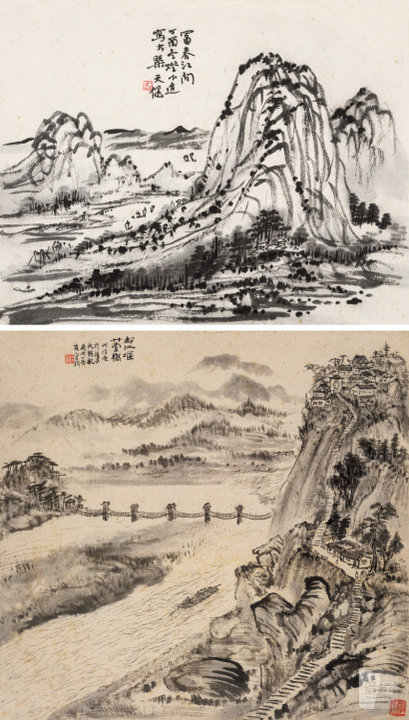 钱 厓 1897-1967 都江堰   贺天健 1891-1977 富春江间 - 图1